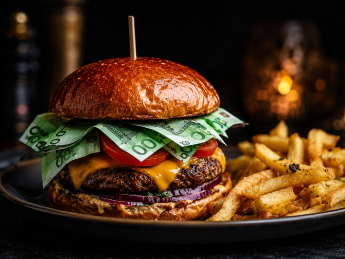 Kvalitný burger s hranolkami, v ktorom bankovky symbolizujú rastúce náklady na suroviny, mzdy, energie a prevádzku.